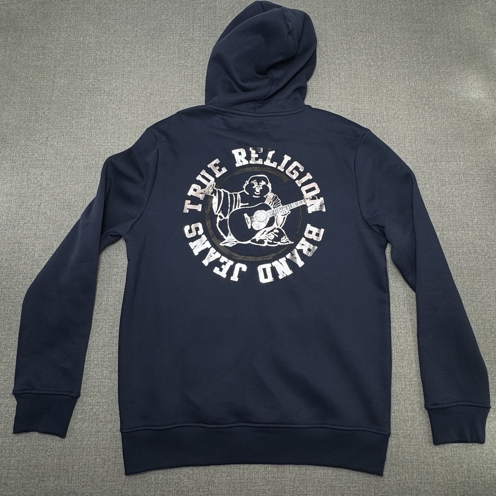 NWOT True Religion Blue Hoodie Hooded Sweatshirt Buddha Foil Centre Large $119